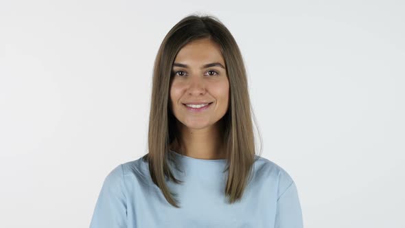 Smiling Beautiful Young Desinger Girl, White Background in Studio