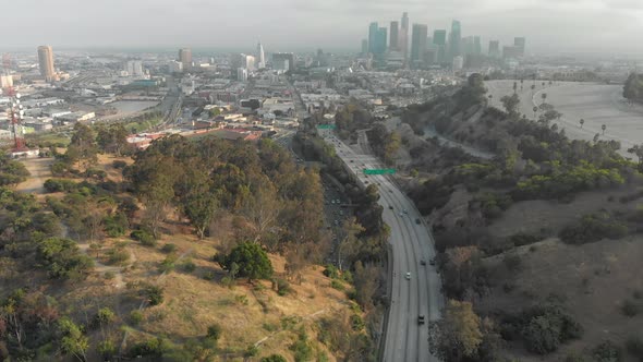 Aerial of Downtown LA from Elysian Park Over Highway