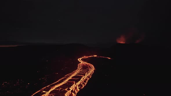 Drone Over Molten Glowing Lava River From Volcano