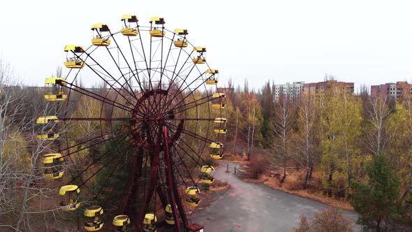 Chernobyl Exclusion Zone. Pripyat. Aerial. Abandoned Ferris Wheel.