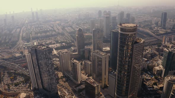 Business City Center of Tel Aviv, Israel:  4k Aerial Drone Skyline View