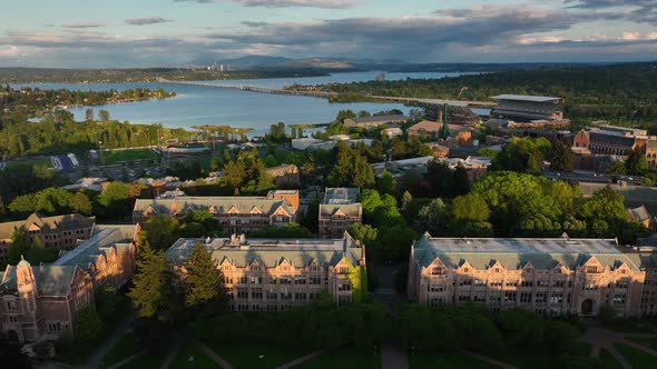 Aerial of the University of Washington's unique Quad buildings being hit by the sunset's glow with L