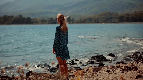 Happy Tourist On Greek Island. Woman Harmony Mediterranean Sea Beach. Cinematic Inspiration Travel.