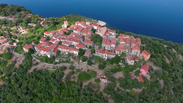 Aerial view of Beli cityscape at the top of mountain, Cres island, Croatia.