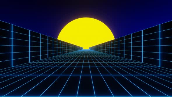 Abstract Retro Blue Neon Road with Yellow Sun