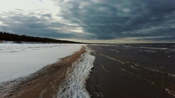 Aerial View at the Baltic Sea, Winter Season Landscape by the Sea in Sunny Day.