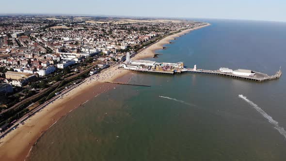 Aerial view of Clacton-on-Sea seaside and the pier on a sunny day