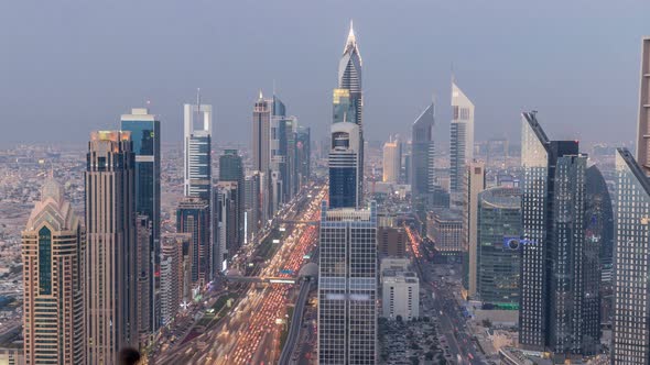 Scenic Dubai Downtown Skyline Day to Night Timelapse