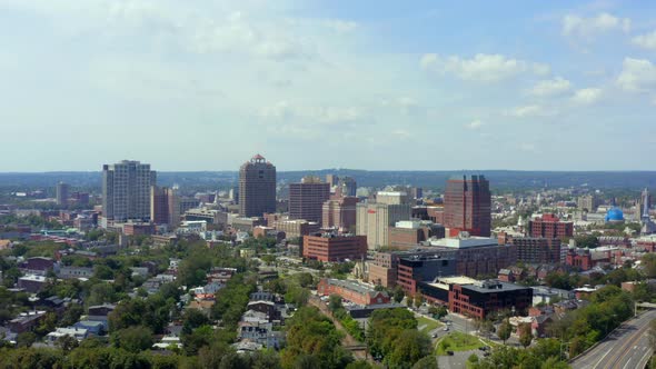 Flying backwards from downtown New Haven over I-95