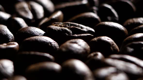 Coffee Beans. Close Up. Rotating. Backlight