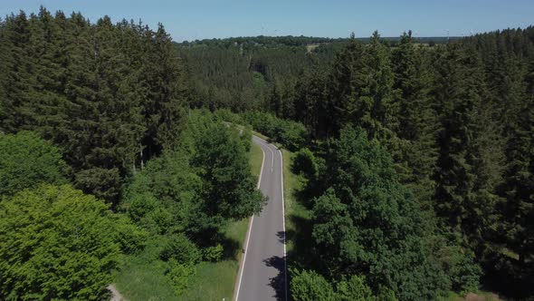 Road in nature reserve Eifel in Germany near Kalterherberg, hills and forest