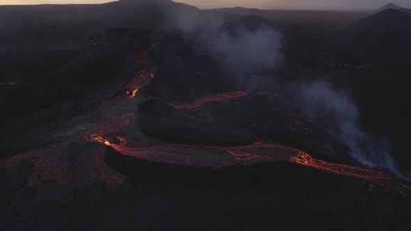 Drone Of Molten Lava Flow From Erupting Fagradalsfjall Volcano