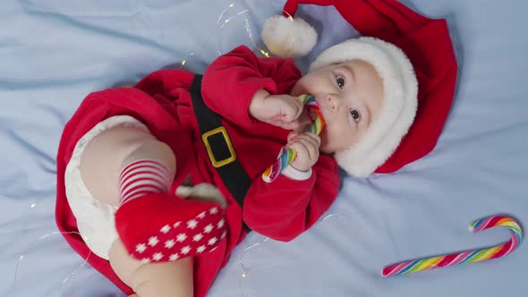 Merry Xmas Happy New Year Infants Childhood Holidays Concept Closeup Smiling Funny Newborn Baby in