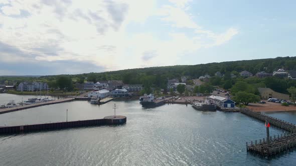 Aerial view of Bayfield Wisconsin, small town next to Lake Superior