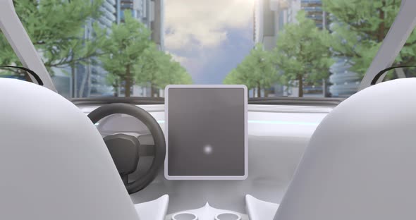 Video game simulation screen showing car cockpit driving through city streets alt