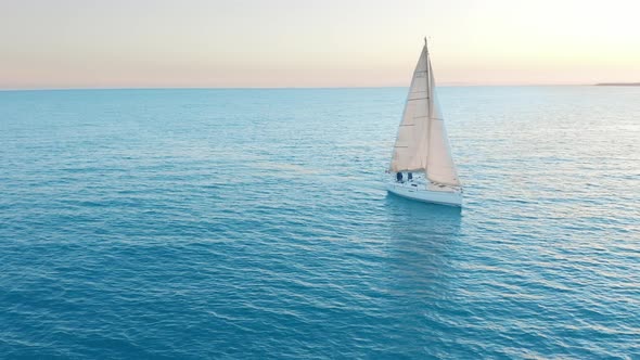 Aerial View. Traditional Yacht Sailing Across Sea.