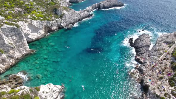 Aerial footage of Porto Limnionas on Zakynthos Island, Greece