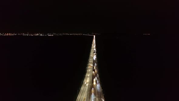 Aerial view Penang Bridge car traffic light trail