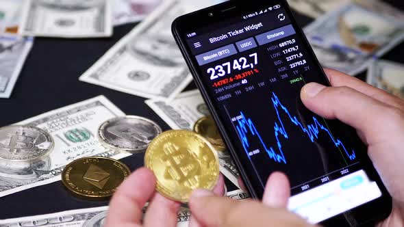 Broker is Viewing Cryptocurrency Falling of Price Chart on Smartphone Screen