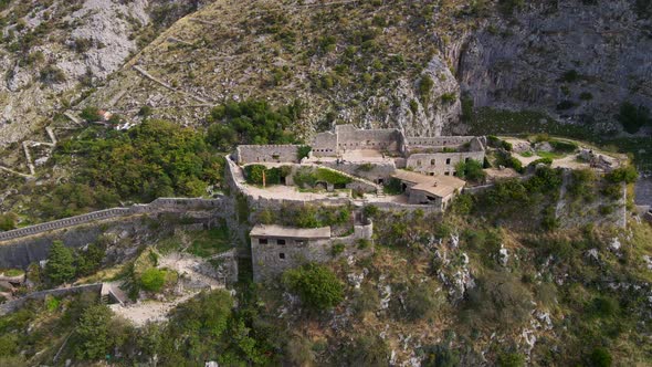 Aerial Shot of the Fortress St John San Giovanni Over the Old Town of Kotor the Famous Tourist Spot