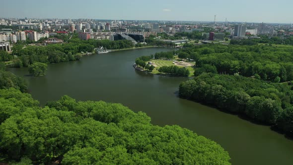 Top View of the Victory Park in Minsk and the Svisloch River