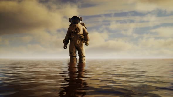 Spaceman in the Sea Under Clouds at Sunset alt