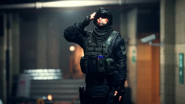 Policeman in Empty Underground Metro Sunbway