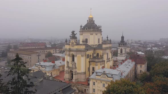 Aerial View of Saint Jura Georges Ukrainian Cathedral Church in Old City Town Lviv Ukraine