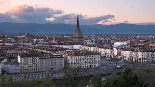 Turin, or Torino, Cityscape Time Lapse at Sunset in Piedmont, Italy