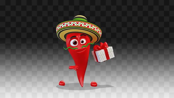 Chili Pepper Is Dancing With A Gift Box