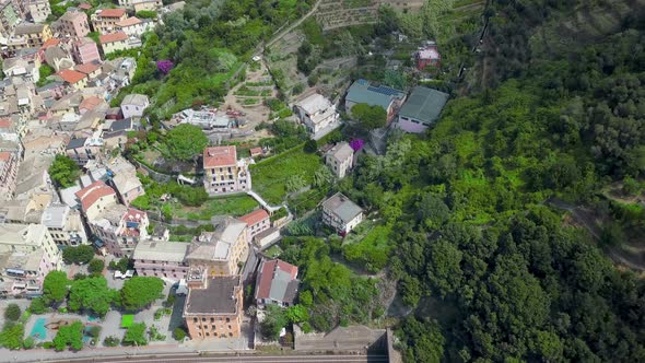 Panorama view of Monterosso al Mare.Panoramic drone view of railway and village.Unesco Heritage.4K