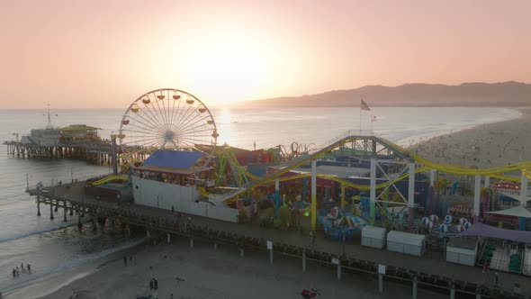 Aerial View of Santa Monica Pier Shoreline on a Sunny Day in Los Angeles USA