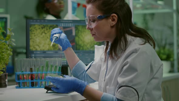 Biologist Researcher Using Micropipette and Petri Dish