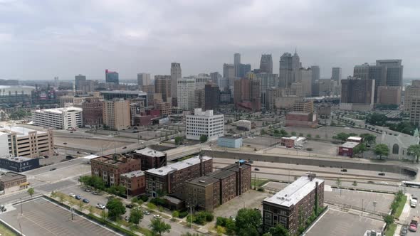 This video is of an aerial view of the Detroit downtown landscape area. This video was filmed in 4k