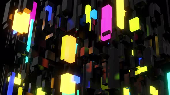 Abstract Looped  Dark Background Neon Cubes Light Bulbs