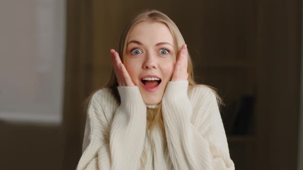 Portrait of Young Enthusiastic Happy Caucasian Millennial Woman Girl Model with Surprised Face