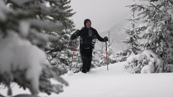 Man Ski Touring In Snow Covered Forest