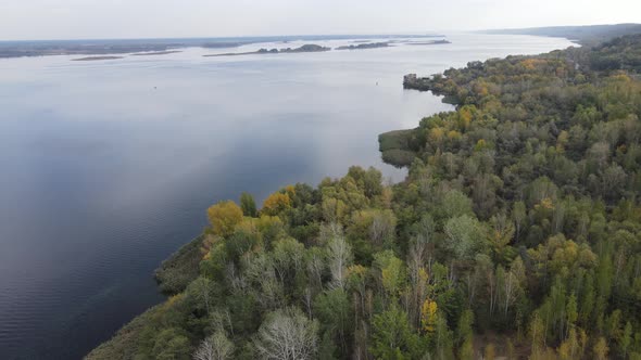 Beautiful Aerial View of the River Dnipro. Ukraine, Slow Motion