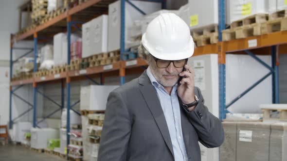 Focused Bearded Boss Talking on Phone in Warehouse