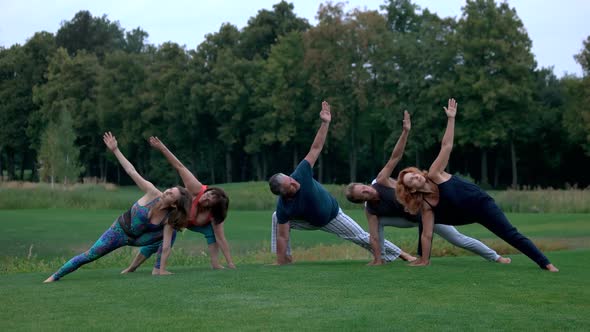 Group of Caucasian People Doing Yoga in Park