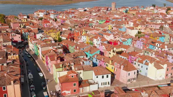 Aerial view of Murano´s canal and the colorful houses, Venice, Italy