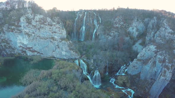 Aerial of Big Waterfall and surroundings, Plitvice