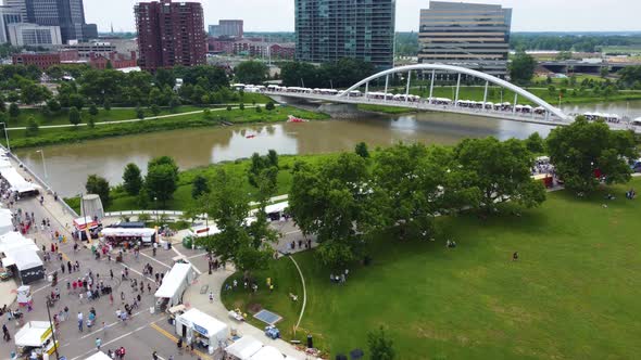 Columbus Arts Festival, Columbus Ohio, aerial drone footage, over the Scioto River on the Rich Stree