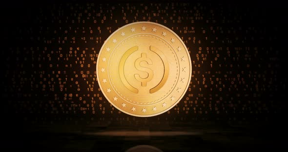 USDC cryptocurrency golden coin loop on digital background