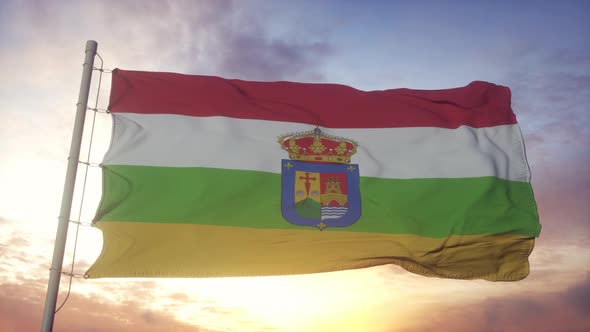 La Rioja Flag Spain Waving in the Wind Sky and Sun Background