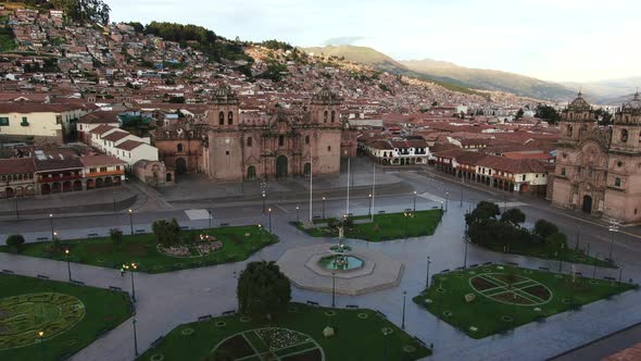 4k aerial footage at twilight of Plaza de Armas in Cusco City, Peru during Coronavirus quarantine, l