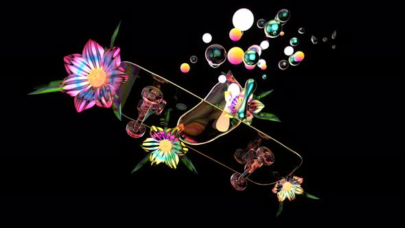 4K abstract art of a skateboard with flowers and bubbles alt