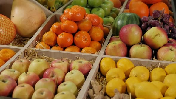 Closeup of Fresh Fruit in Boxes at the Grocery Store