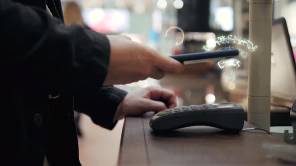 Animation 3d Motion Design of Customer is Paying with Smartphone in Shop Using NFC Contactless