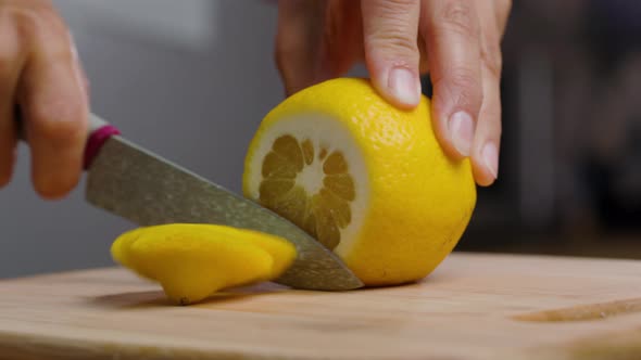 Knife Cut Slicing Lemon Wooden Board